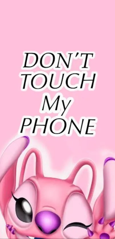 Cute pink cartoon wallpaper with 'Don't Touch My Phone' text.