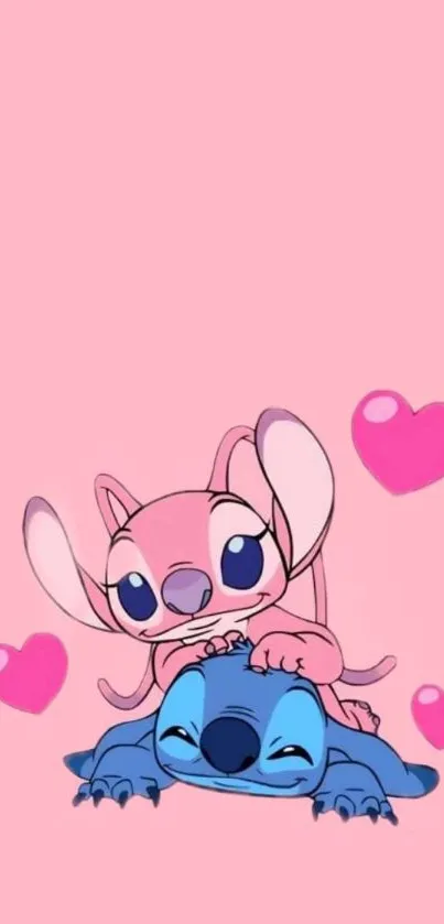 Cute cartoon characters with pink background and hearts.