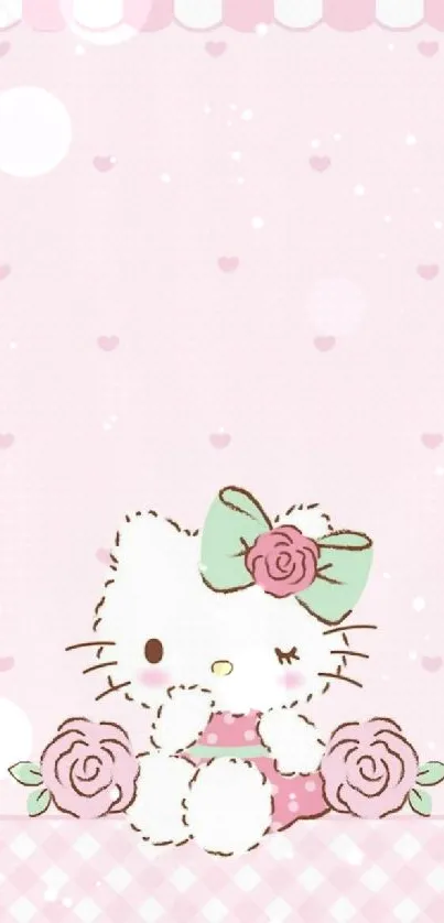 Adorable pink cartoon wallpaper with roses and a cute character.