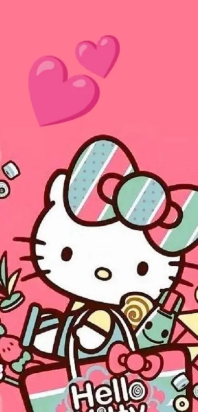 Hello Kitty surrounded by hearts on a pink wallpaper.