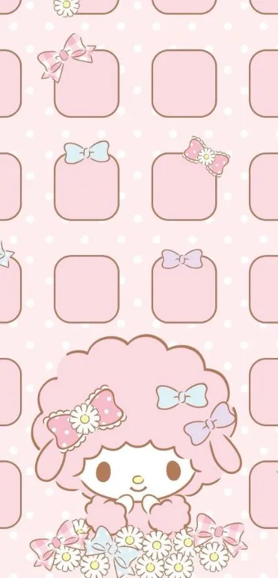 Cute pink cartoon wallpaper with bows and character.