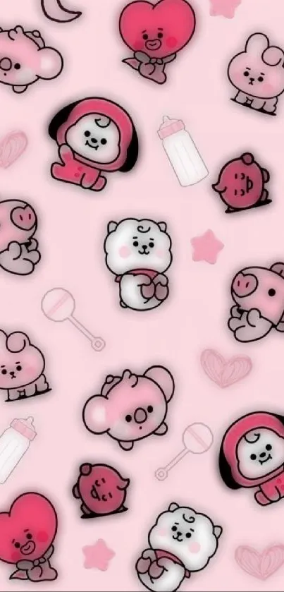 Cute pink cartoon characters on wallpaper.