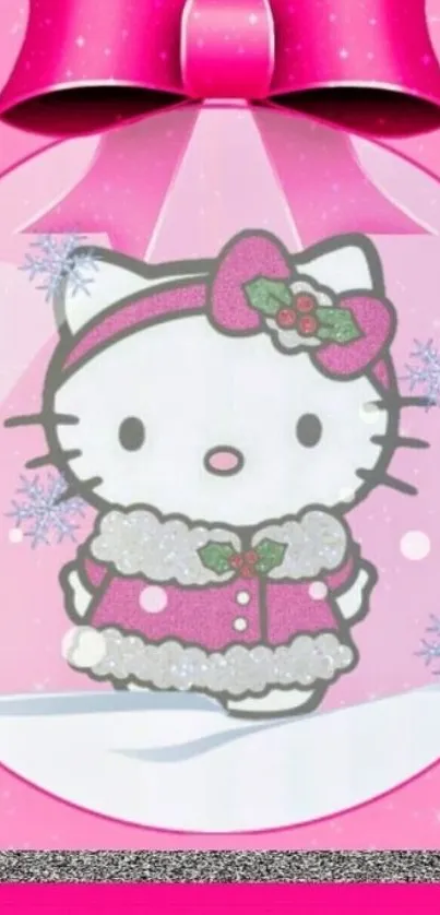 Pink cartoon character wallpaper with snowy winter theme.