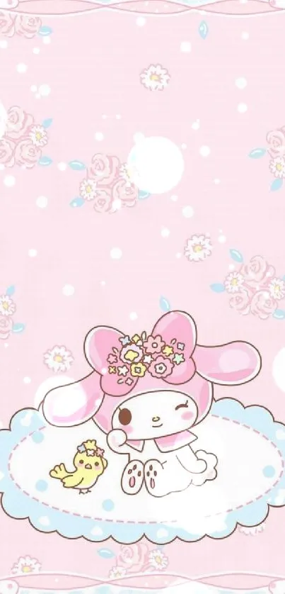 Cute pink cartoon wallpaper with floral and sweet character design.