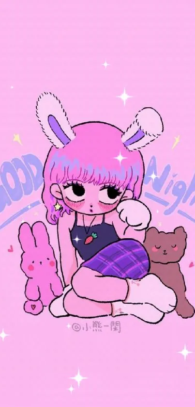 Cute pink cartoon wallpaper with a character and bunnies.