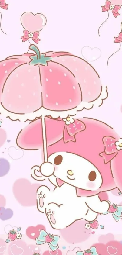 Cute pink cartoon character holding a flower umbrella with hearts.