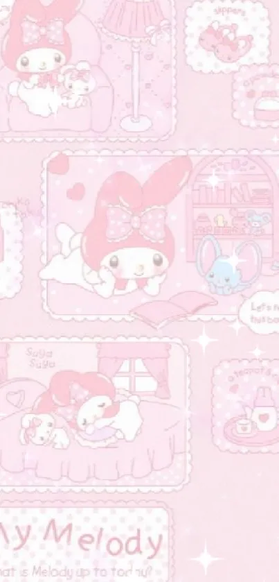 Adorable pink cartoon wallpaper with cute characters for mobile.