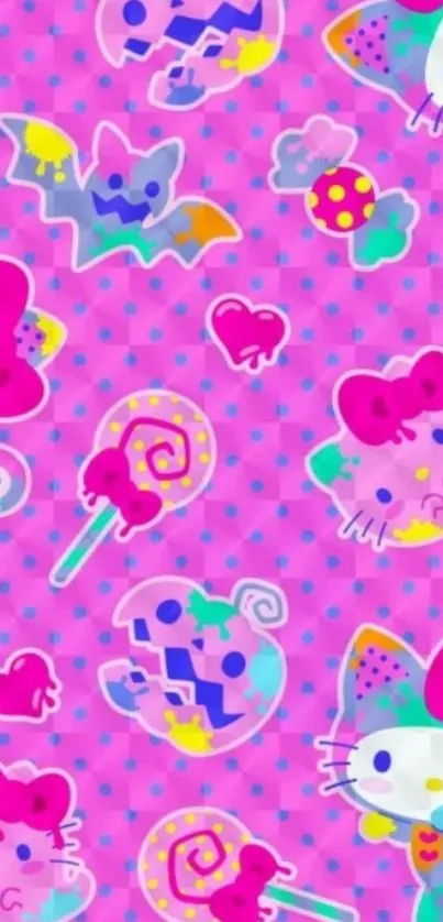 Playful pink cartoon wallpaper with whimsical characters and vibrant colors.