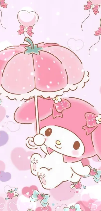 Cute cartoon character with umbrella in pink theme.