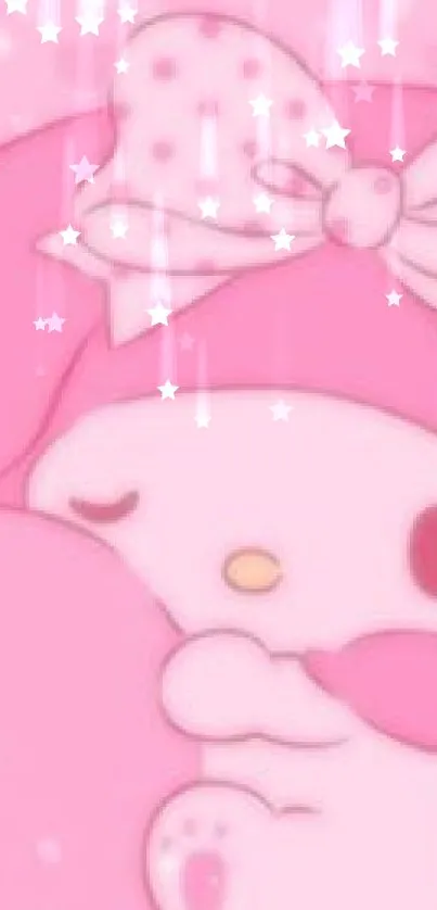 Adorable pink cartoon wallpaper with a cute character and bow.