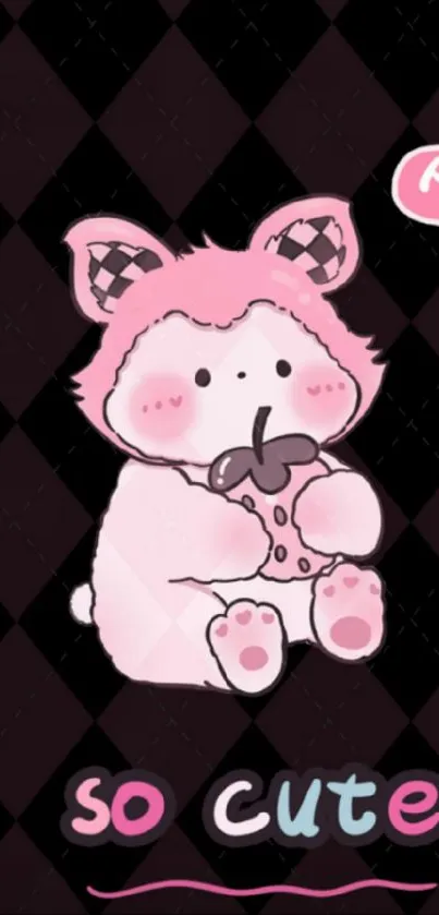 Cute pink cartoon character eating a snack on a diamond-patterned background.