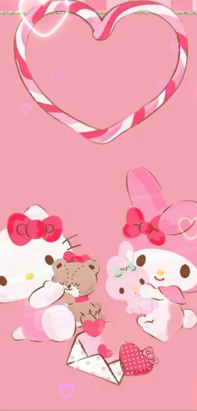 Cute pink wallpaper with cartoon characters and hearts.