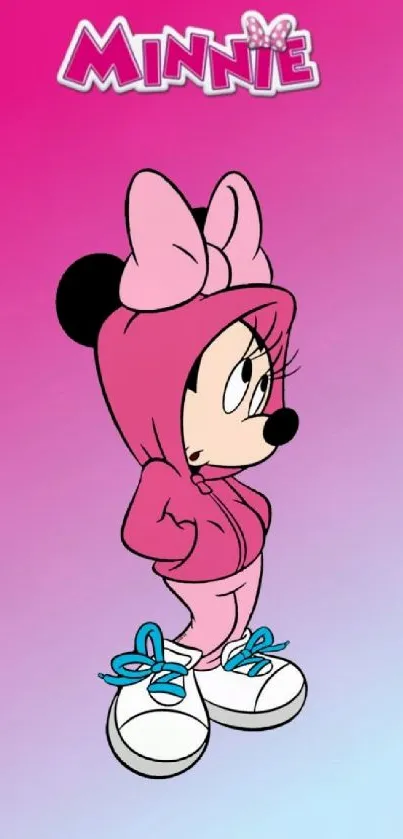 Cartoon character in pink hoodie on gradient background wallpaper.