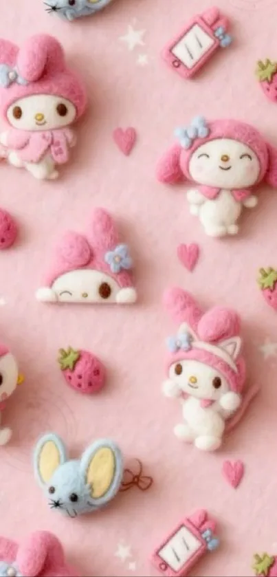 Cute pink cartoon wallpaper with playful characters and strawberries.