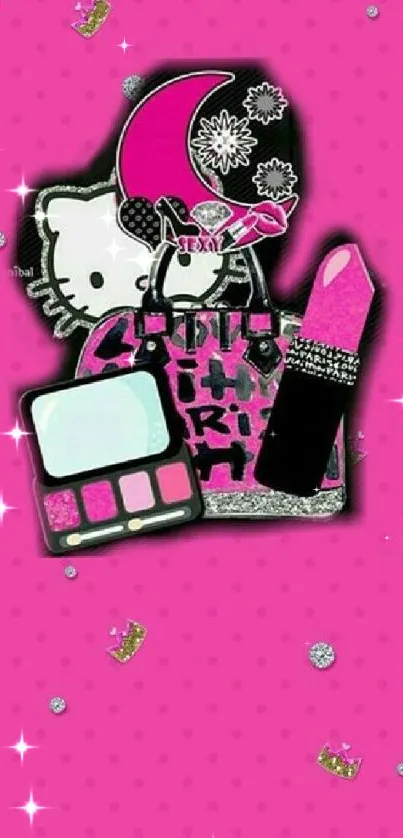 Pink cartoon wallpaper with makeup and sparkles.