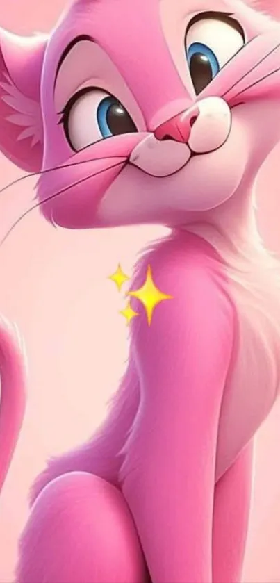 Cute pink cartoon cat with a big smile.
