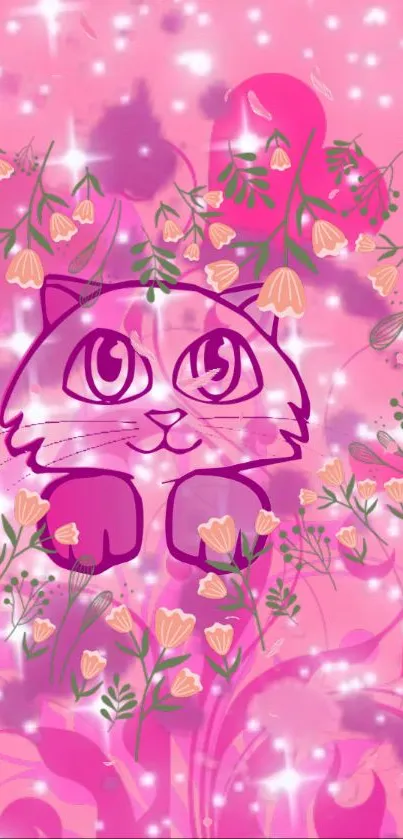 Pink background with cute cat and floral decorations.