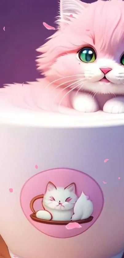 Adorable pink fluffy cat in teacup, perfect mobile wallpaper.