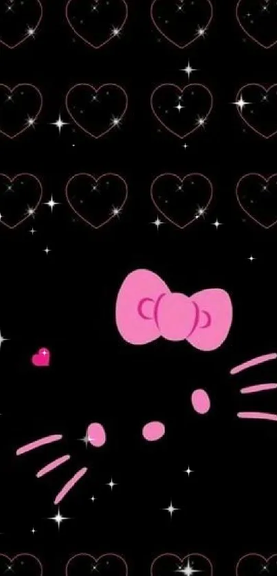 Cute pink cat and hearts on black wallpaper.