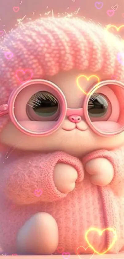 Adorable pink fluffy cat wearing glasses and a cozy hat on a pastel background.