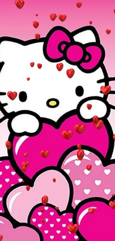 Cute white cat with pink hearts mobile wallpaper.