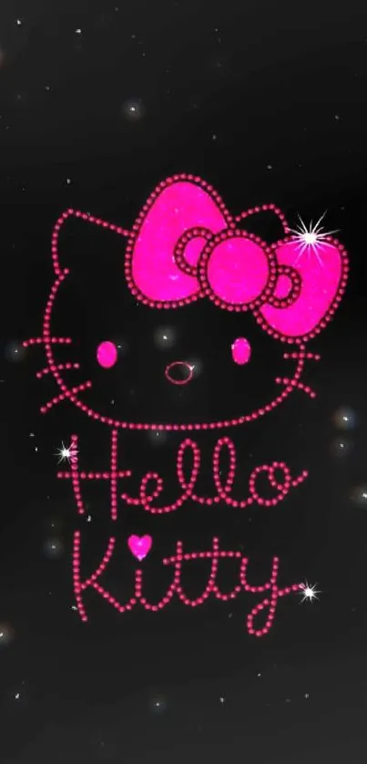 Cute pink cat with bow on black background wallpaper.