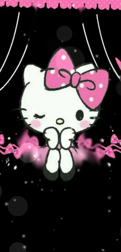 Cute cartoon cat with pink bows on a dark background.