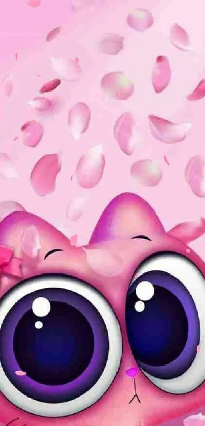 Adorable pink cat with large eyes and falling petals wallpaper.