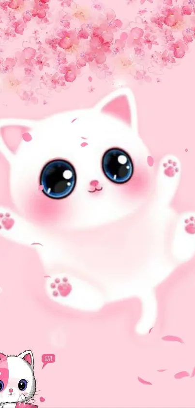 Adorable pink cartoon cat with floral background.