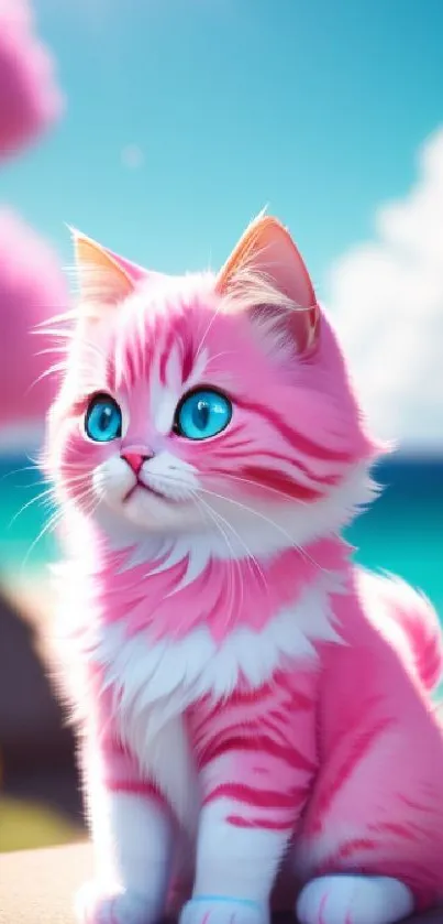 Cute pink cat with vibrant background wallpaper.