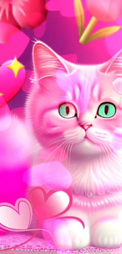 Cute cat with pink hearts and floral accents wallpaper.