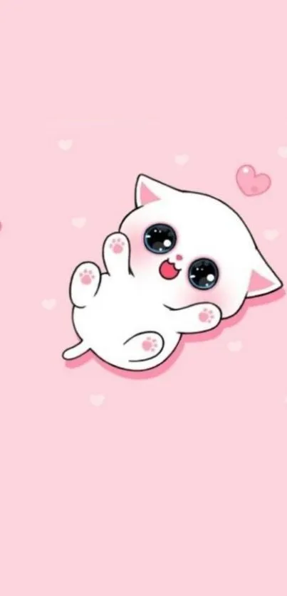 Cute cartoon cat on a pink background with hearts.