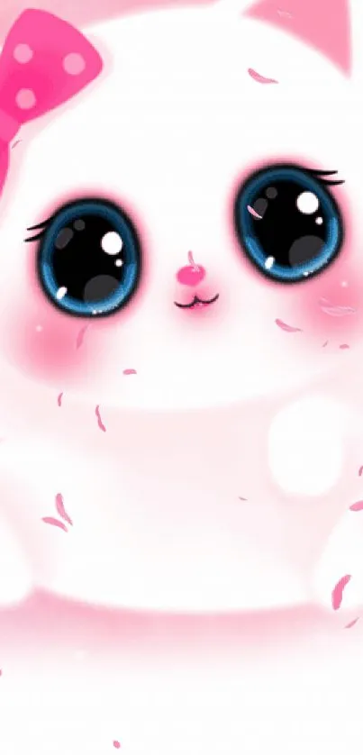 Cute cartoon cat with big eyes and pink bow.