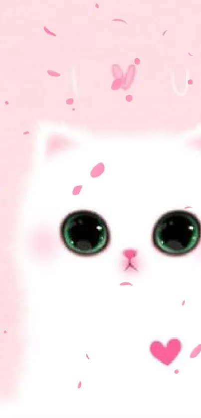 Cute white cat with green eyes on light pink background with hearts.