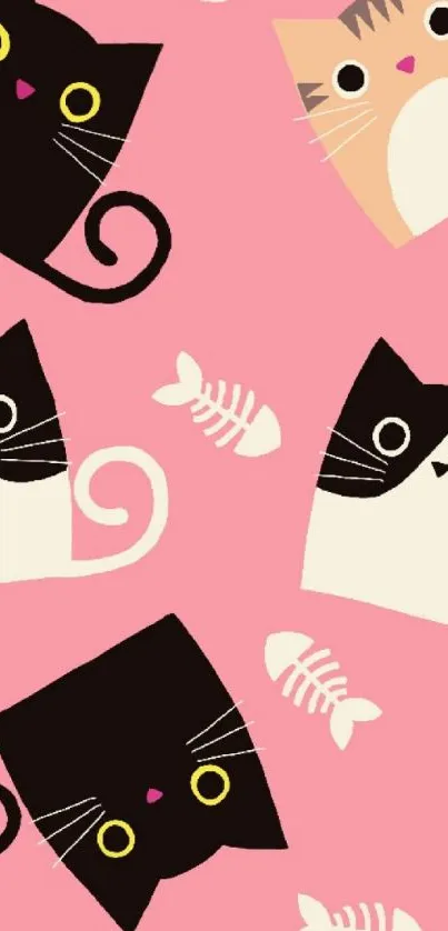 Cute cartoon cat pattern on a pink background.