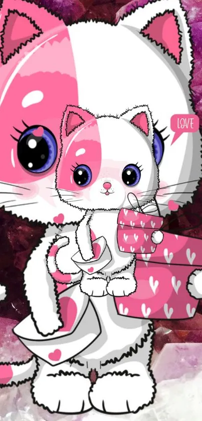 Cute pink cartoon cat with gift and hearts background.