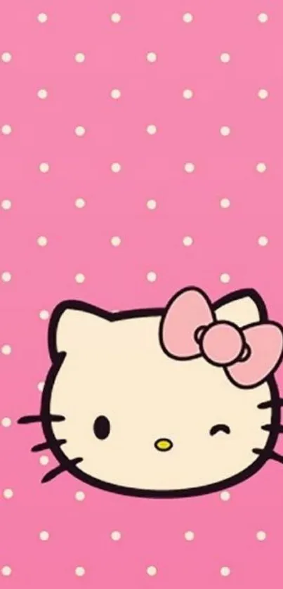 Cute pink cat wallpaper with polka dots on a vibrant background.