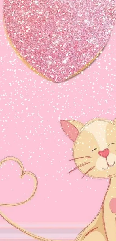 Cute pink cat with a sparkling heart on wallpaper.