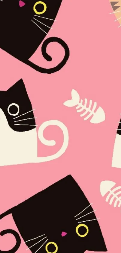 Cute pink cat pattern wallpaper with playful, whimsical design.