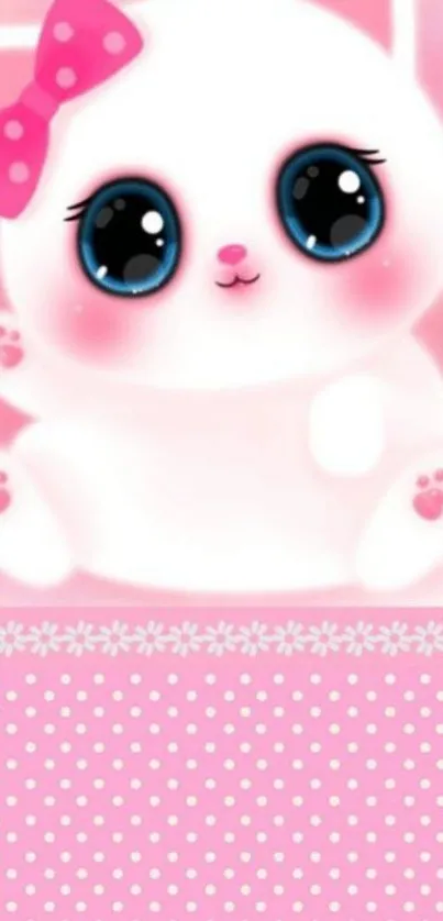 Cute pink cat wallpaper with bow and blue eyes.