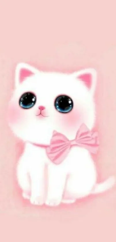 Adorable white cat with pink bow on pink background.