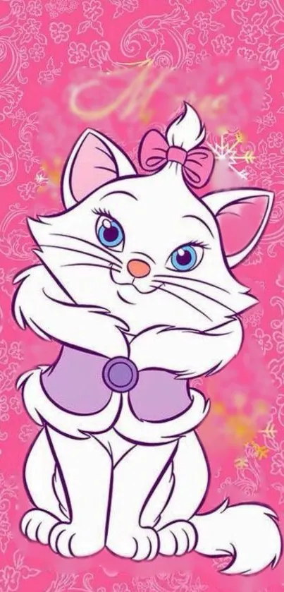 Cute cartoon cat on pink patterned wallpaper.