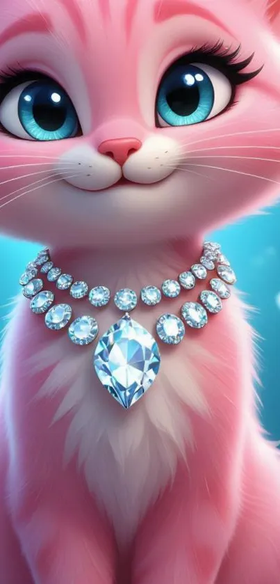 Adorable pink cat with diamond necklace and blue eyes in cartoon style.