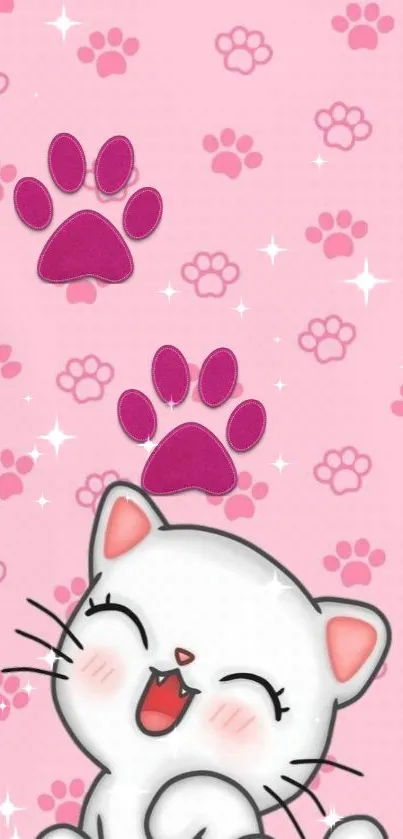 Cute pink cat with paws and stars wallpaper.