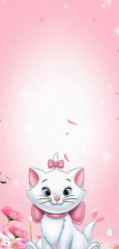 Cute white cat on pink background with flowers and butterflies.