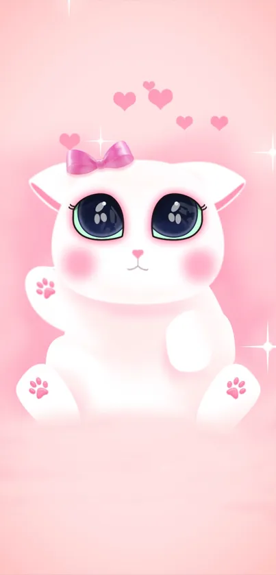 Cute pink cat with hearts and sparkles, blue eyes.