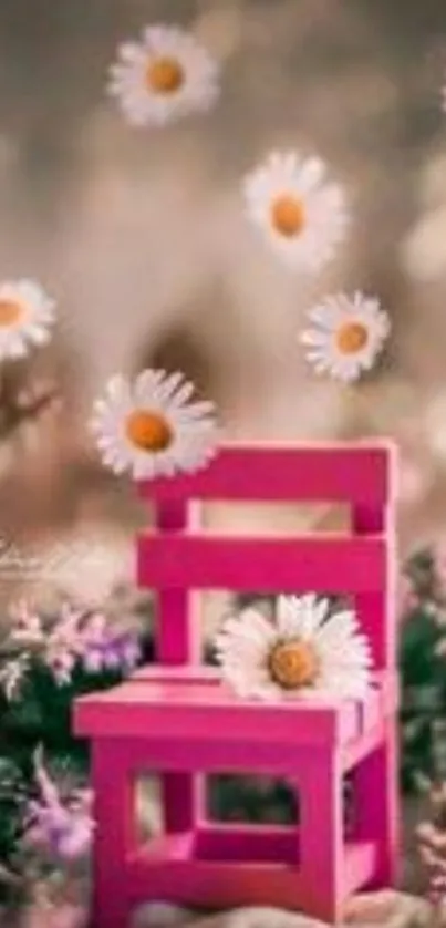 A pink chair with white daisies and floral background.