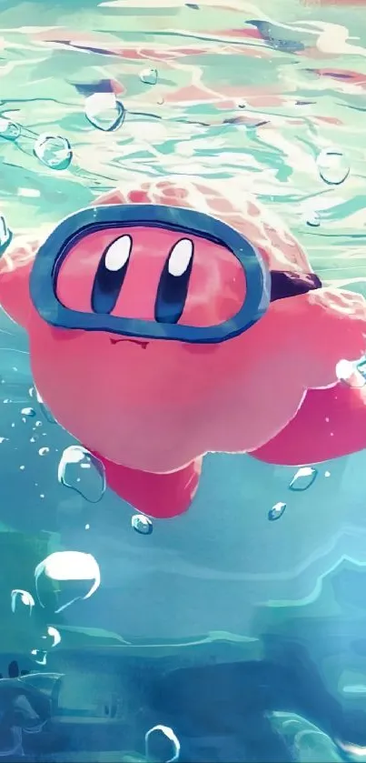 Pink character swims underwater with goggles in vibrant art scene.