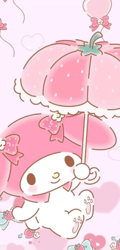 Cute pink character with umbrella on mobile wallpaper.