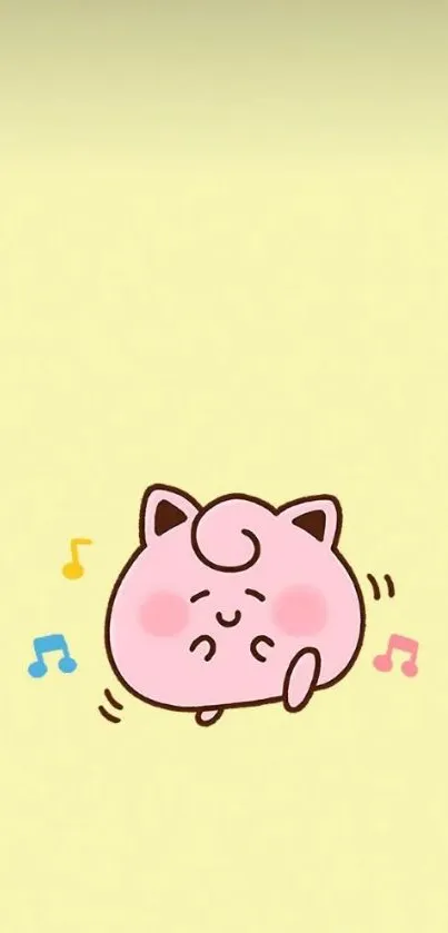 Cute pink character with musical notes on a light yellow background.